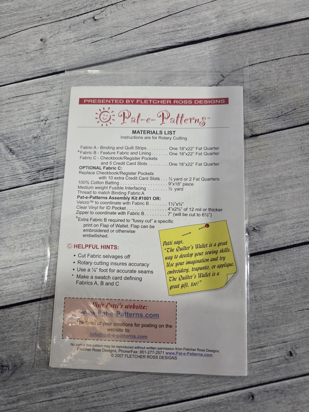 Pat-e-Patterns Sewing Pattern Quilter's Wallet with Assembly Kit - Picture 2 of 4